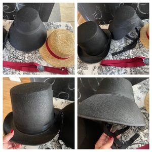 Hat Bundle 1 felt top hat, 1 felt bonnet hat, 1 Quaker straw hat and suspenders